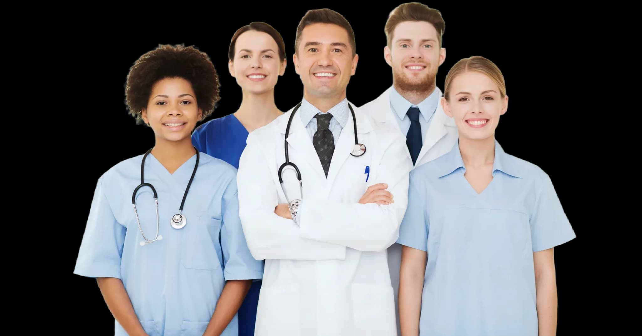A team of five physicians in white coats and scrubs, standing together