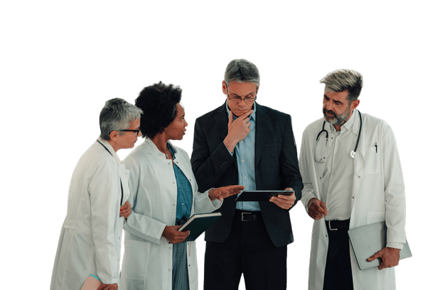 Four physicians and healthcare leaders reviewing a tablet together