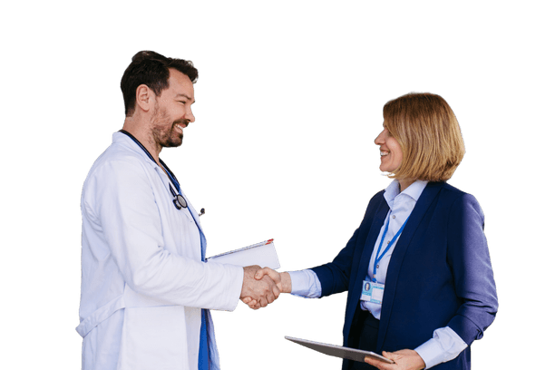 A physician and a healthcare administrator shaking hands